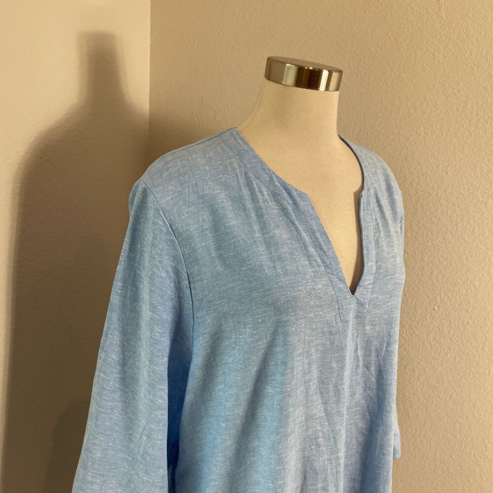 Lands End Womens Plus‎ XXL Blue Linen Blend Tunic Top 3/4 Sleeves V Neck Pockets - Picture 2 of 11